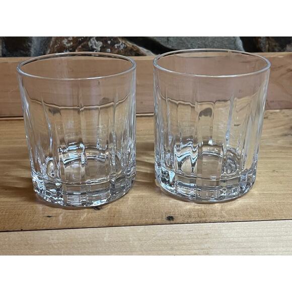 2 Vintage Glass Double Old Fashion Whiskey Glasses. Lines. Retro look - Picture 1 of 5